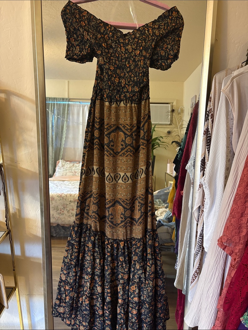 Off-Shoulder Maxi Dress in Navy and Tan with Floral & Geo Print